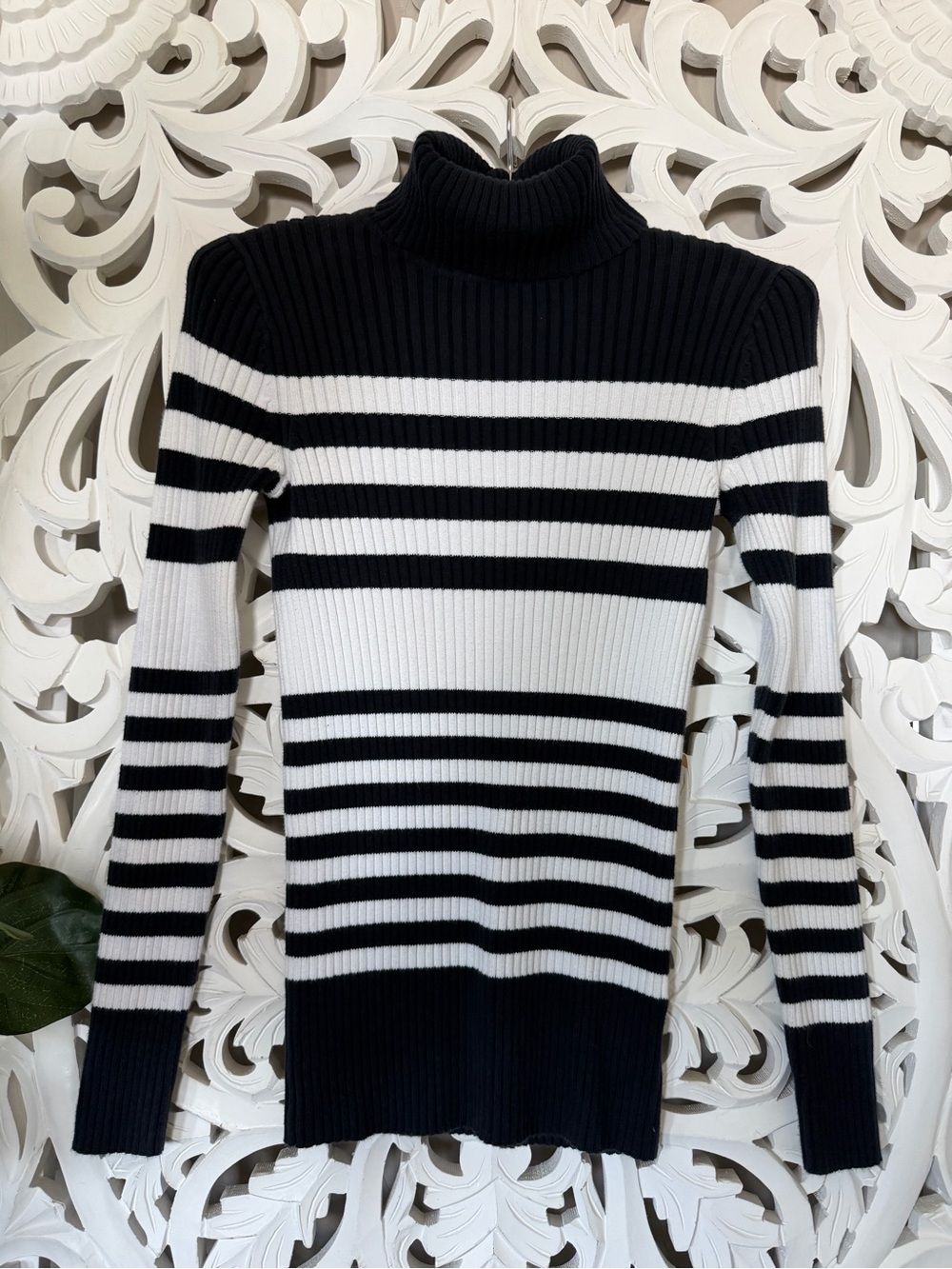 GAP Striped Ribbed Turtleneck Sweater - Navy Blue & White
